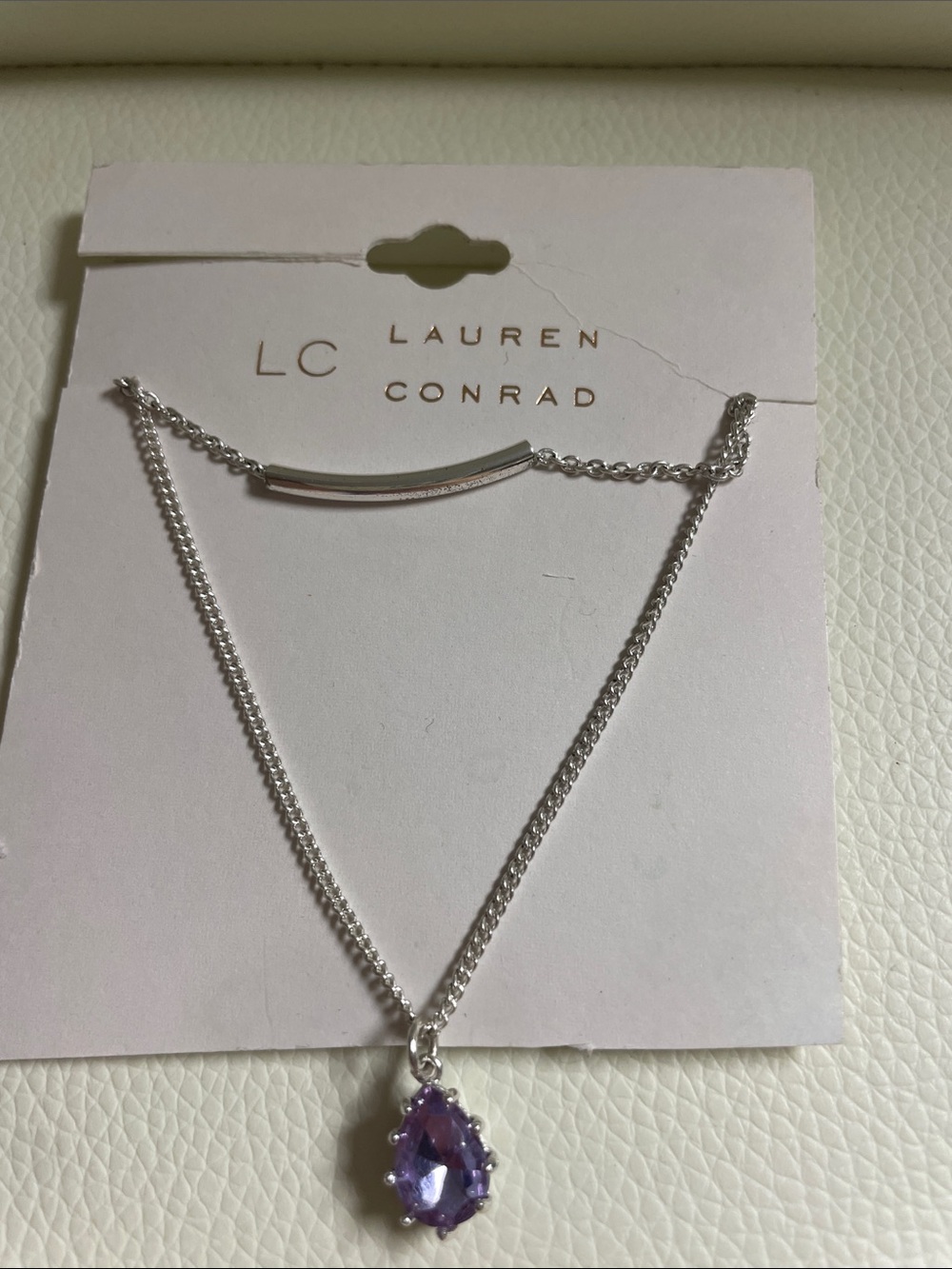 LC Lauren Conrad Silver Necklace with Purple Teardrop Pendant and Bar Layer